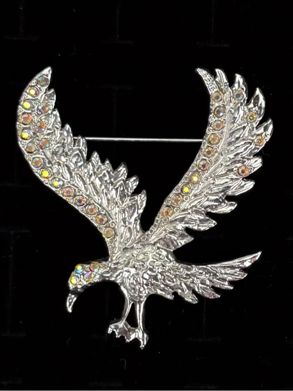 Iridescent Silvertone Eagle Brooch Pin Sparkling Winged Bird Accent